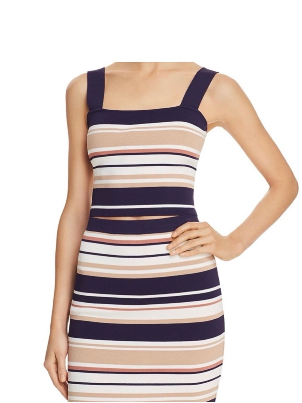 Bardot Striped Knit Wide Strap Cropped Top Navy Beige White US 10/L